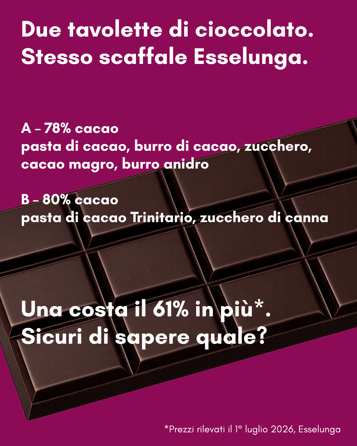 Tavolette di cioccolato fondente, confronto a scaffale tra Lindt e Esselunga Top (Domori)